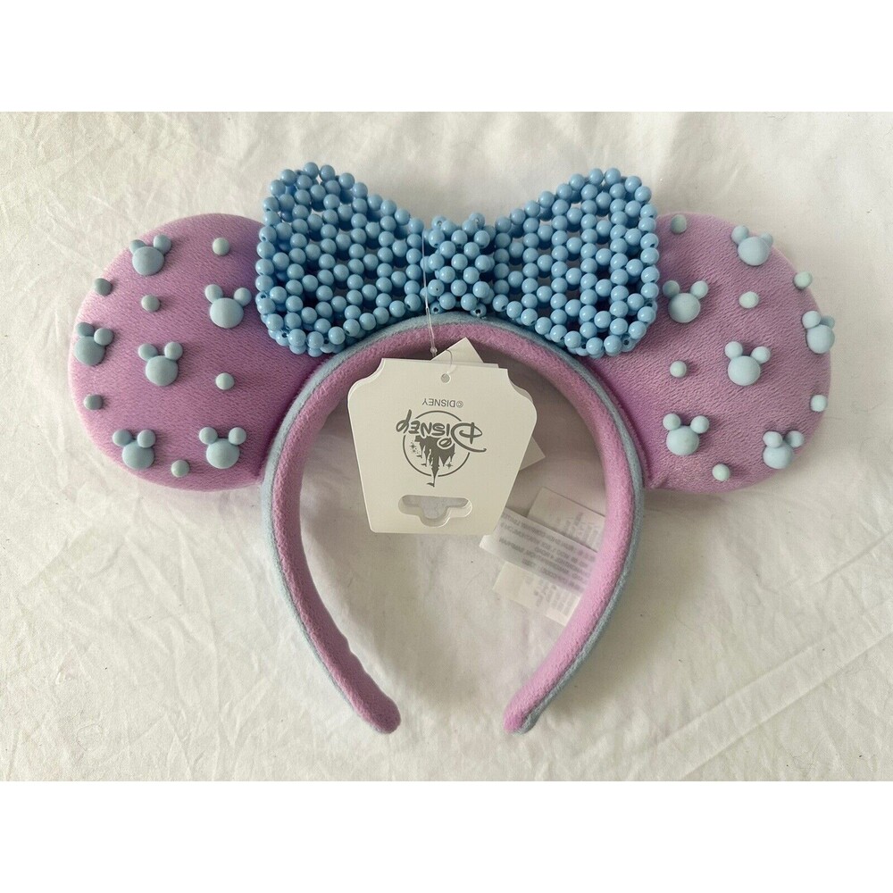 Disney Parks Minnie Mouse Valentine's Day Beaded Blue Pink Ears Headband